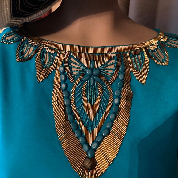 FAB LUX ANNE KLEIN NY BEJEWLED SHEATH LETS PARTY LINEN BLEND DRESS TURQUOISE - Picture 4 of 11